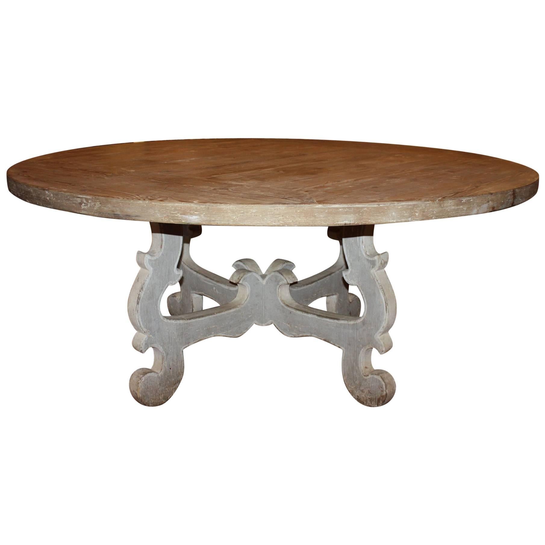 Round Italian Trestle Dining Table with Painted Base and Natural Wood Top