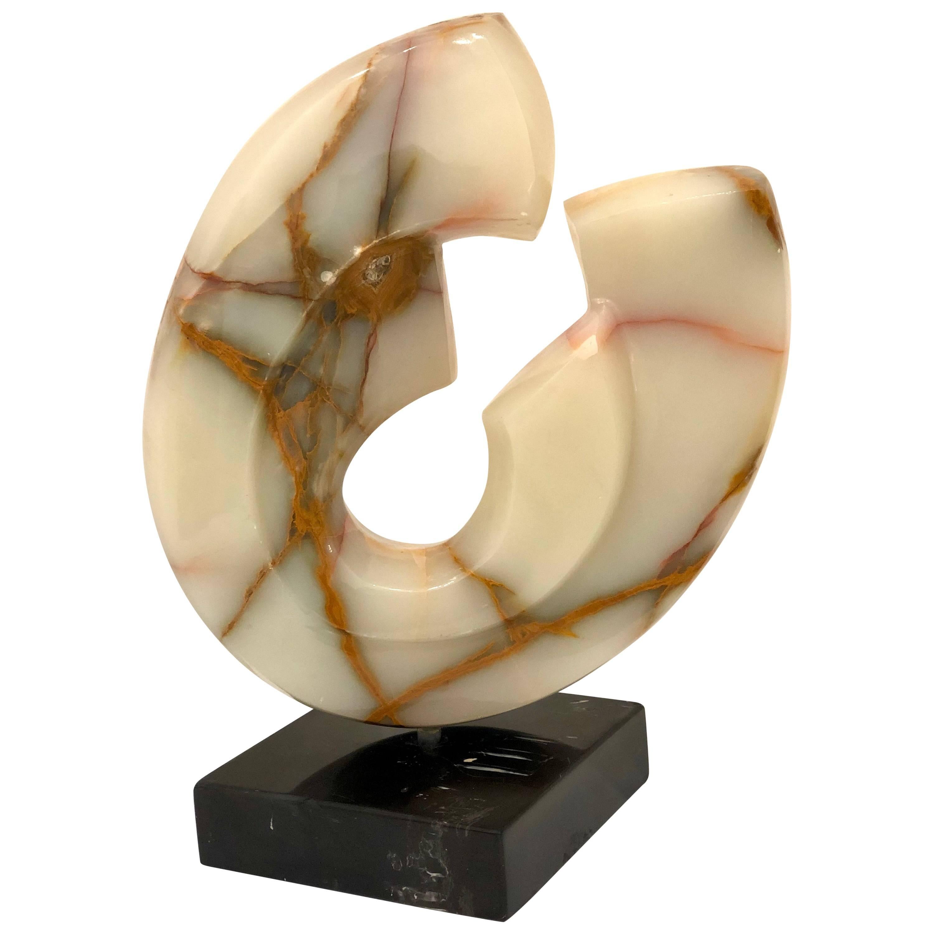 Modernist Abstract Carved Onyx Sculpture on Black Marble Base
