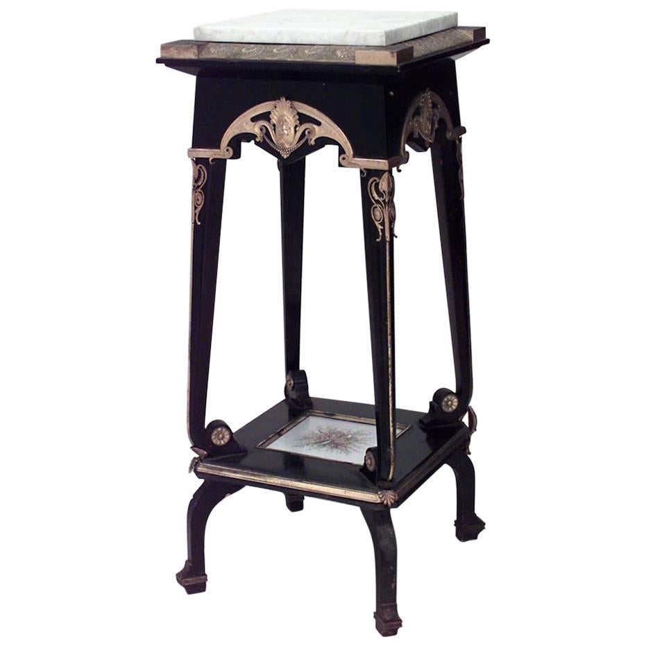 Victorian Black Lacquered Pedestal with White Marble Top 