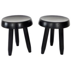 Pair of Black Low Stools in the Style of French Architect Charlotte Perriand