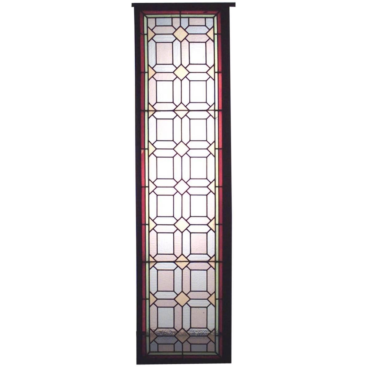 4 American Victorian stained and multicolored leaded glass window panels with 16 square pink & blue panels in wood frame (PRICED EACH)
