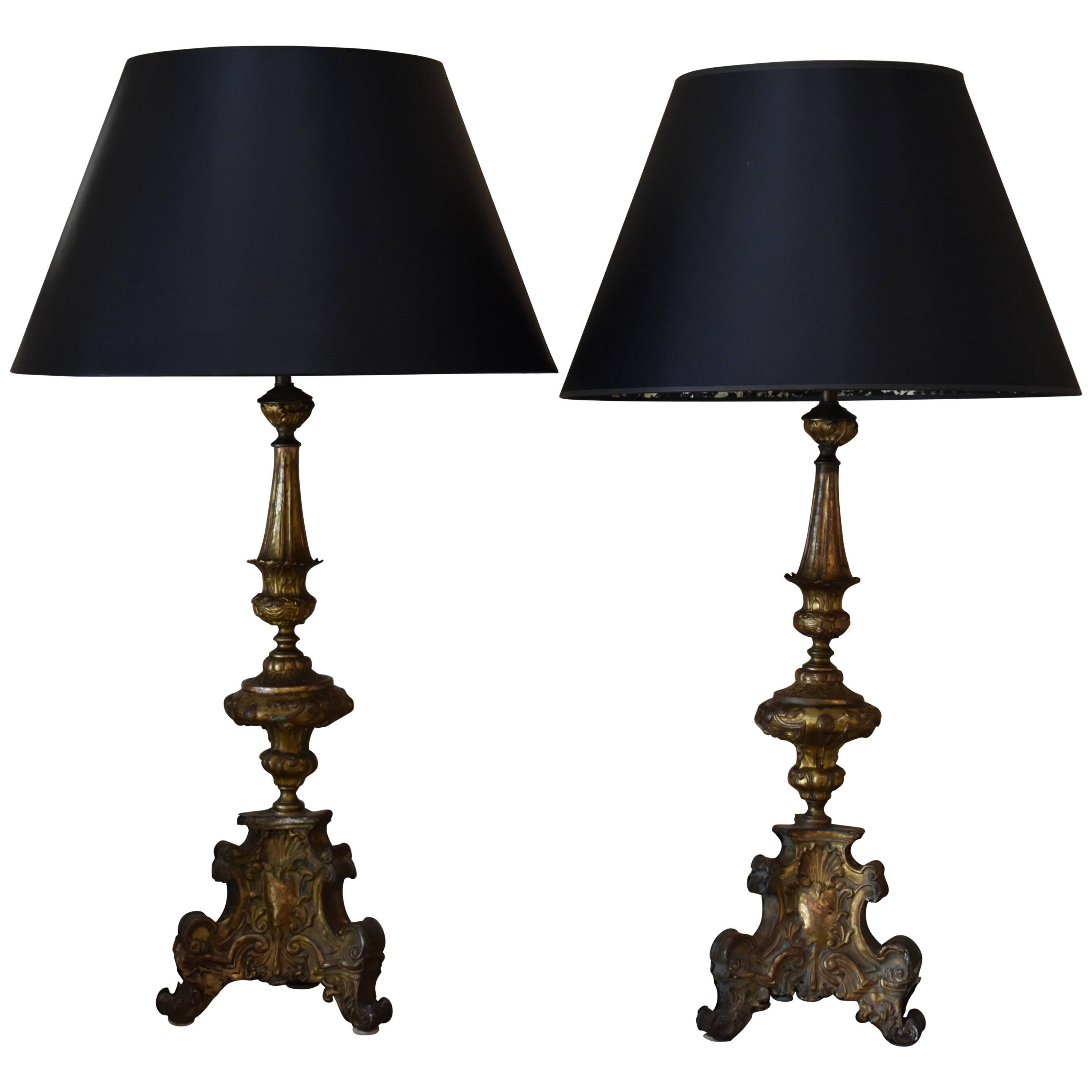 Pair of 18th Century Italian Repousse Wood Candlestick Lamps For Sale