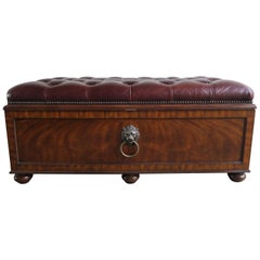 Vintage English Mahogany Leather Tufted Trunk or Bench