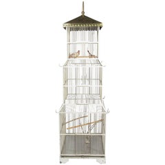 Antique Exceptional Victorian Tall White Painted Metal Pagoda Form Birdcage