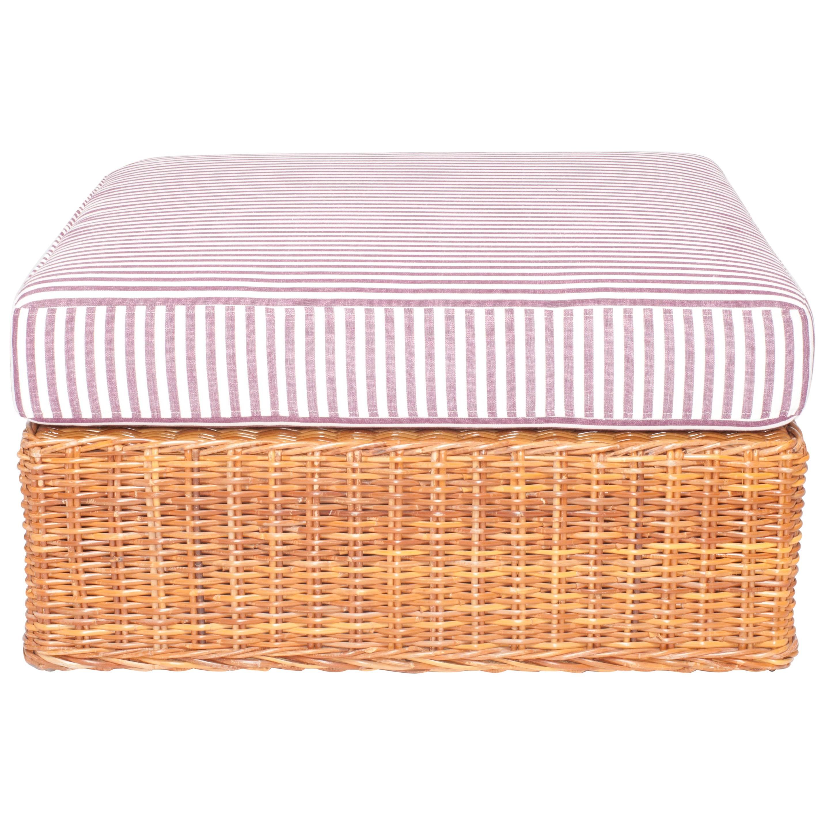 Wicker Ottoman Newly Upholstered in Purple Striped Fabric