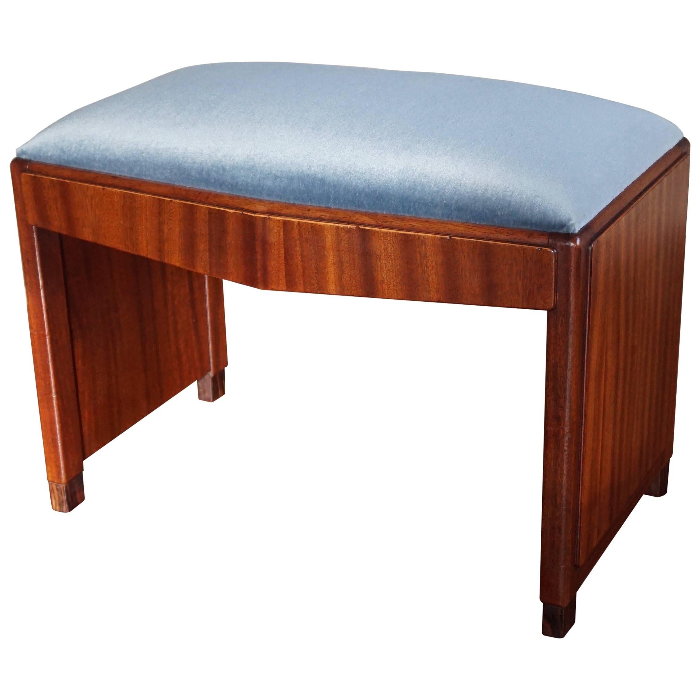 Stunning Mahogany Art Deco Hall Bench or Stool with Perfect Grey-Blue Upholstery