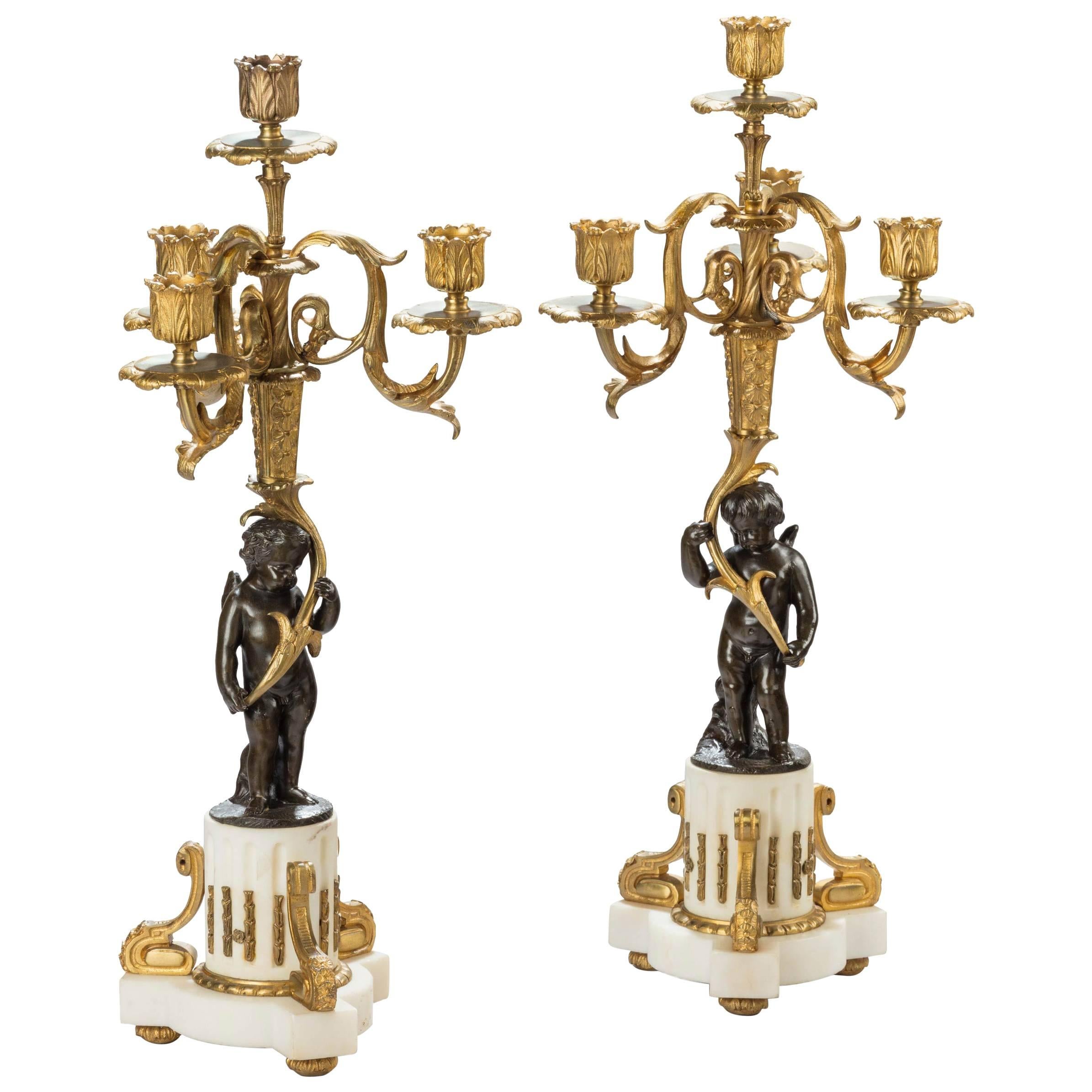 Pair of Bronze and Gilt Bronze Candelabra