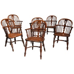 Mid-19th Century Well Matched Set of Six Yew Wood Low Back Windsor Armchairs