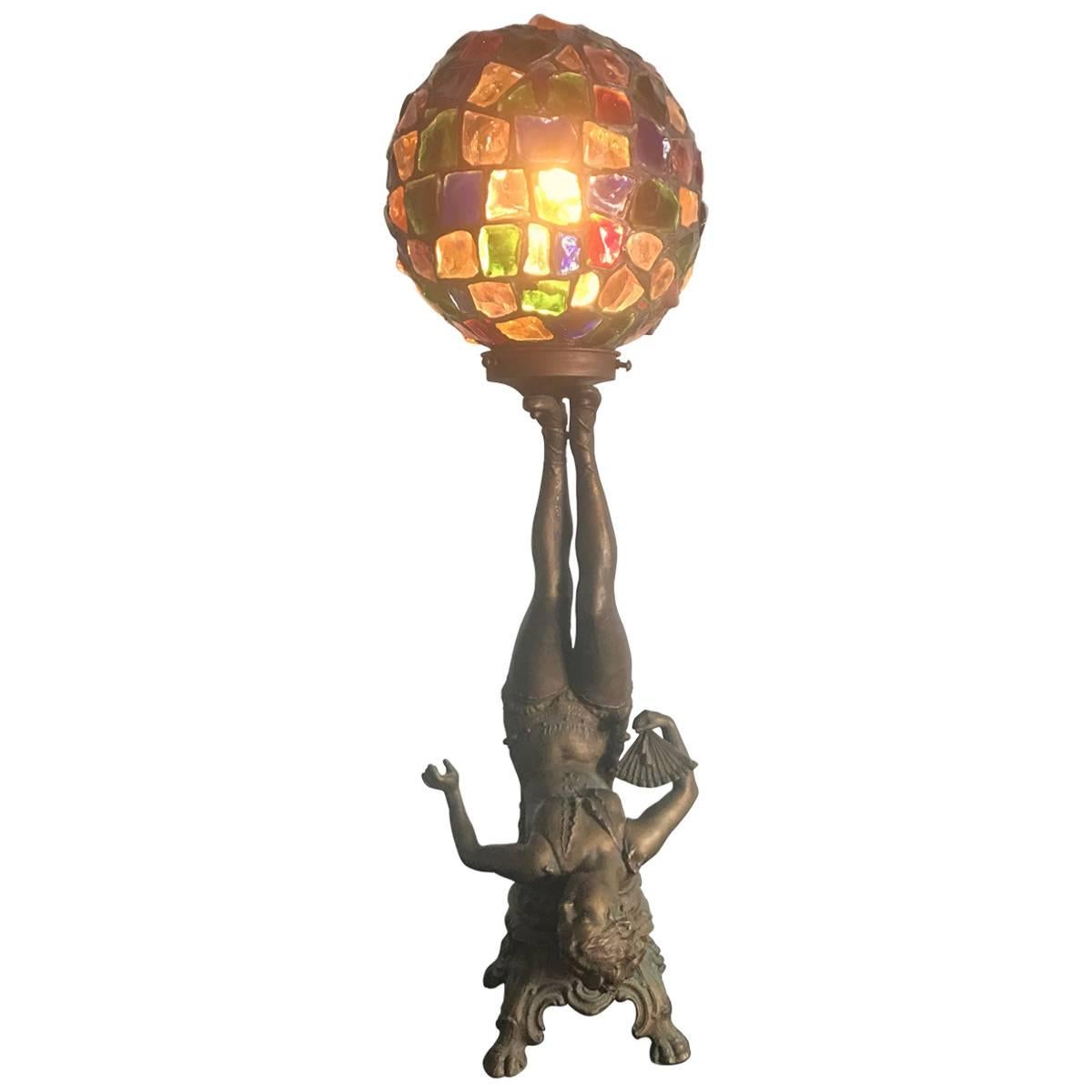 Art Deco Figural Lamp with Original Glass Nugget Shade