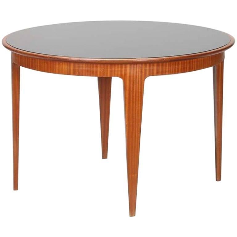 Wooden Table with Opaline Black Glass Top in the Style of Gio Ponti For Sale