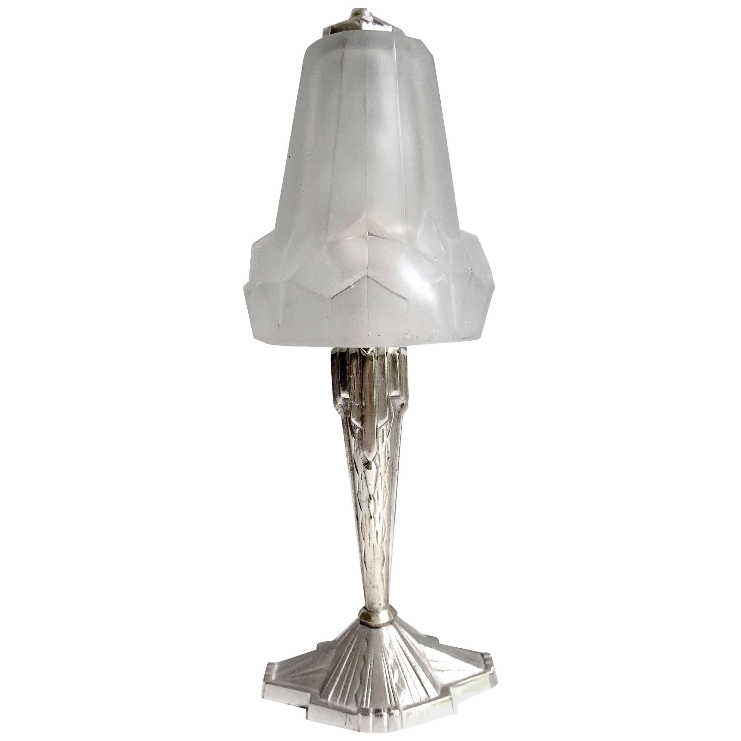 French Art Deco Silver Bronze and Glass Table Lamp