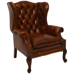 Large Antique Leather Wing Back Armchair