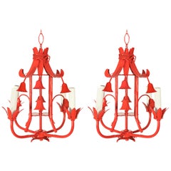 Pair of Red Chinoiserie Pagoda Chandeliers