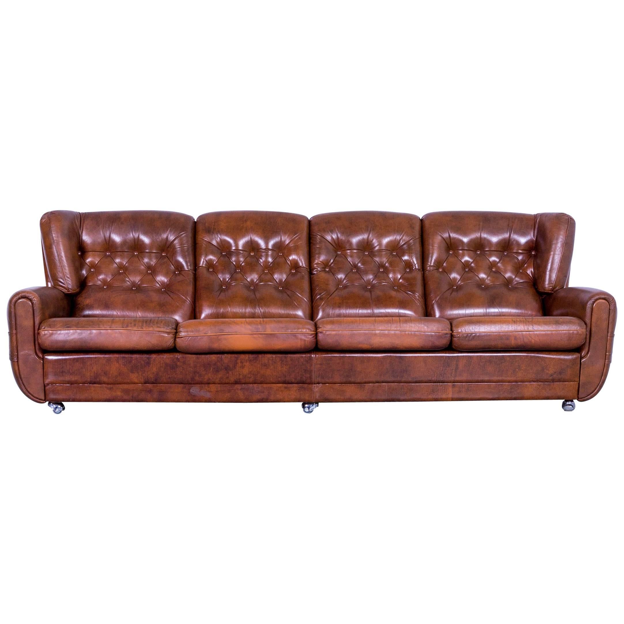 Chesterfield Leather Sofa Brown Four-Seater Couch Vintage