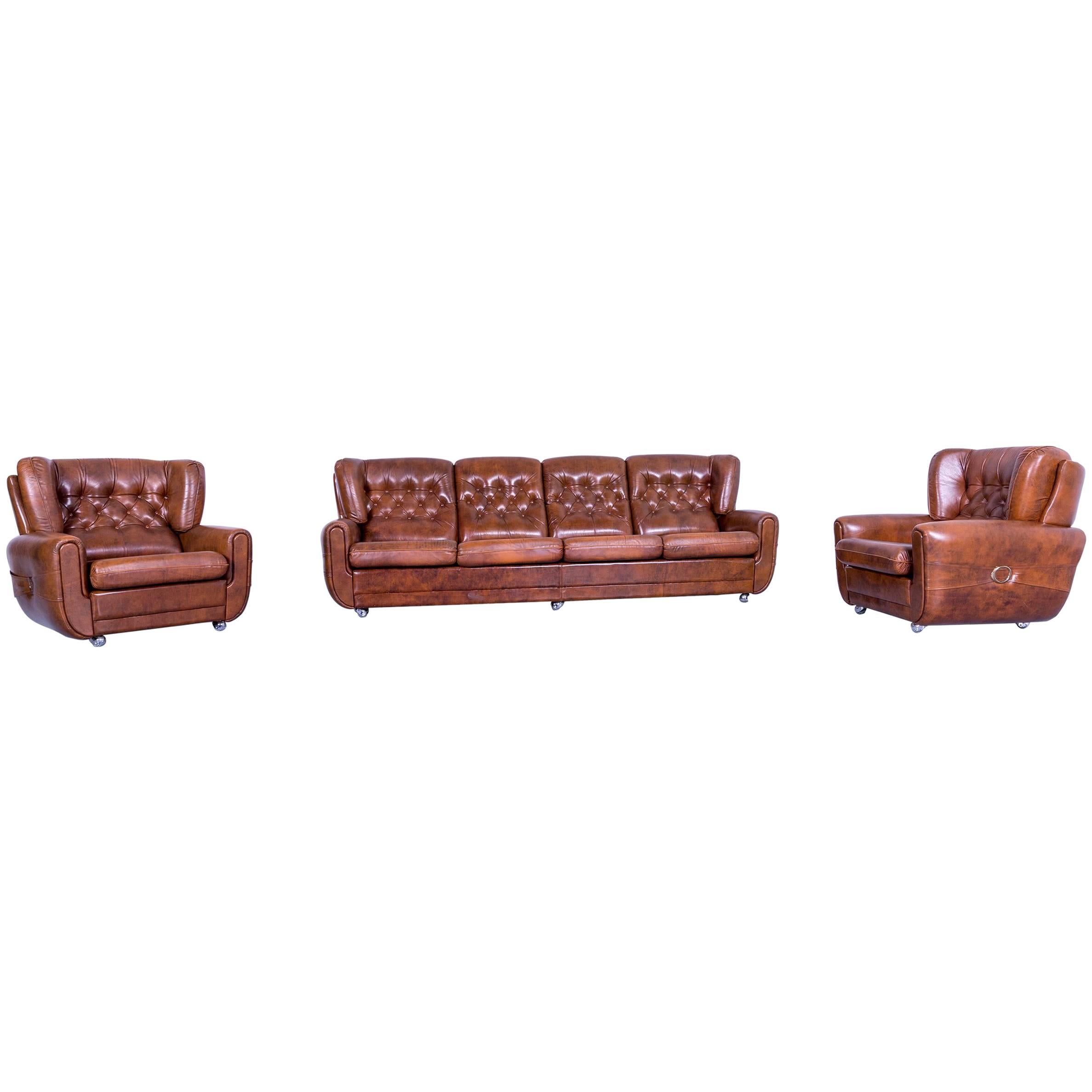 Chesterfield Leather Sofa Set Brown Four Seater 2x Armchair
