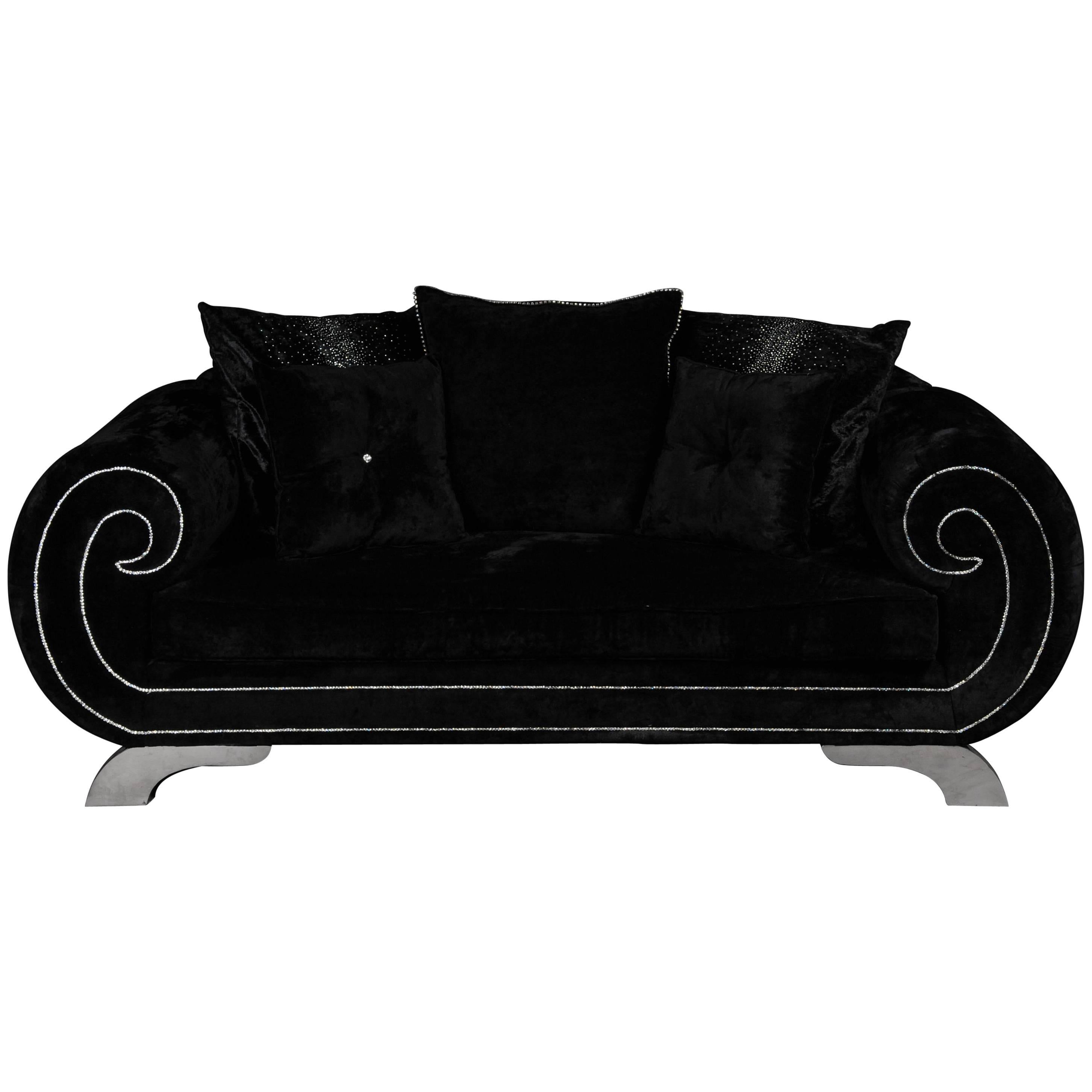 Unique Luxurious Designer Sofa or Couch, Rhinestones, Black Velvet. Highlight For Sale