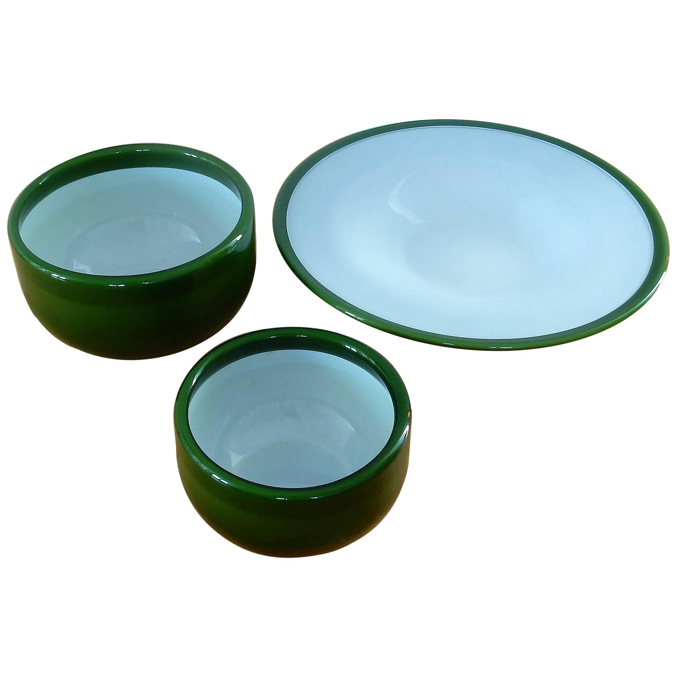 Ensemble de trois bols en verre vert « Palet » de Holmegaard par Michael Bang, Danemark
