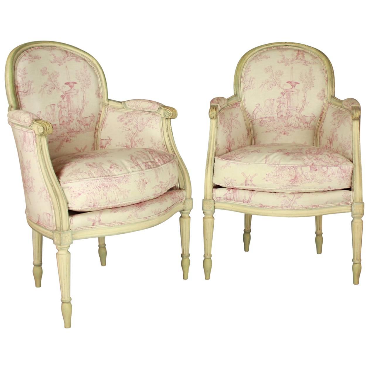 Pair of French 19th Century Louis XVI Style Painted Wood Armchairs or Bèrgères