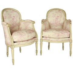 Antique Pair of French 19th Century Louis XVI Style Painted Wood Armchairs or Bèrgères