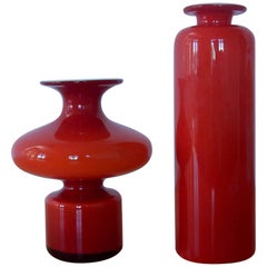 Set of Two Bright Red Glass 'Carnaby' Vases by Per Lutken for Holmegaard Denmark