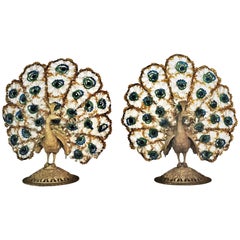 A Pair of Art Deco Bronze & Bohemian Crystal Peacock Nightstand Lamps, Ca. 1920s