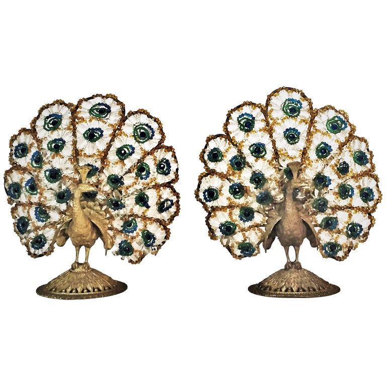 A Pair of Art Deco Bronze and Bohemian Crystal Peacock Nightstand Lamps