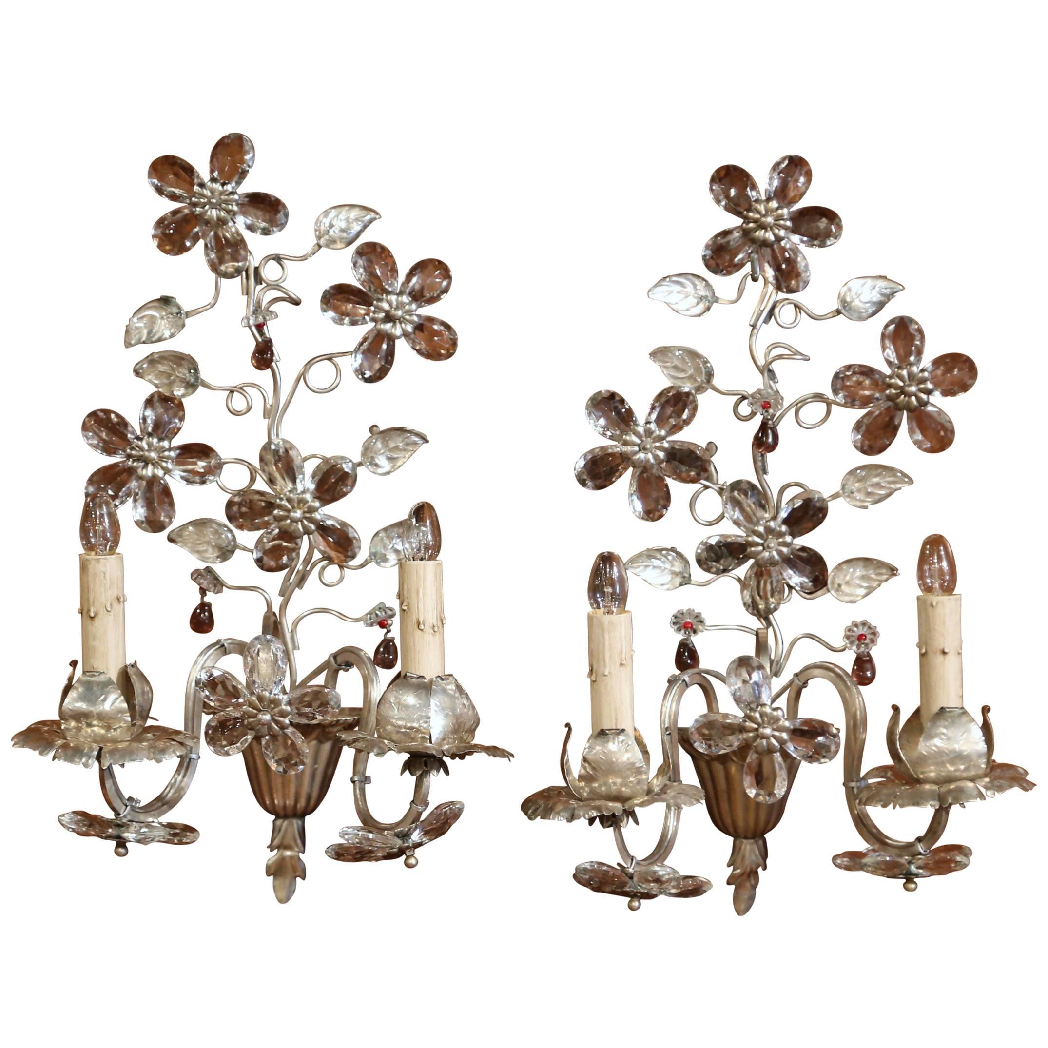Pair of Mid-20th Century French Crystal and Silvered Sconces from Maison Bagues