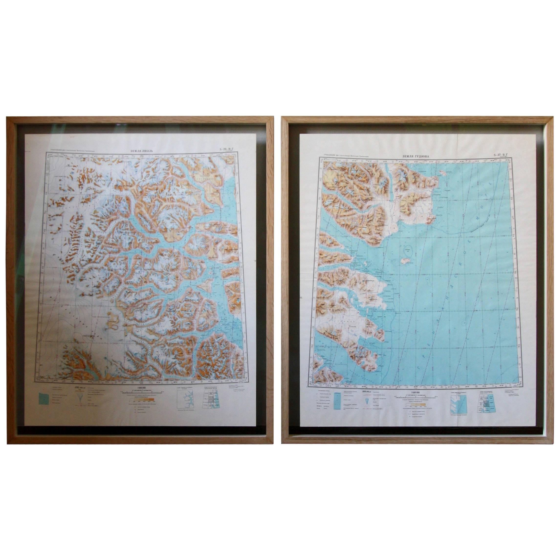 Framed Pair of Vintage Mid Century Soviet Maps of a Section of Greenland