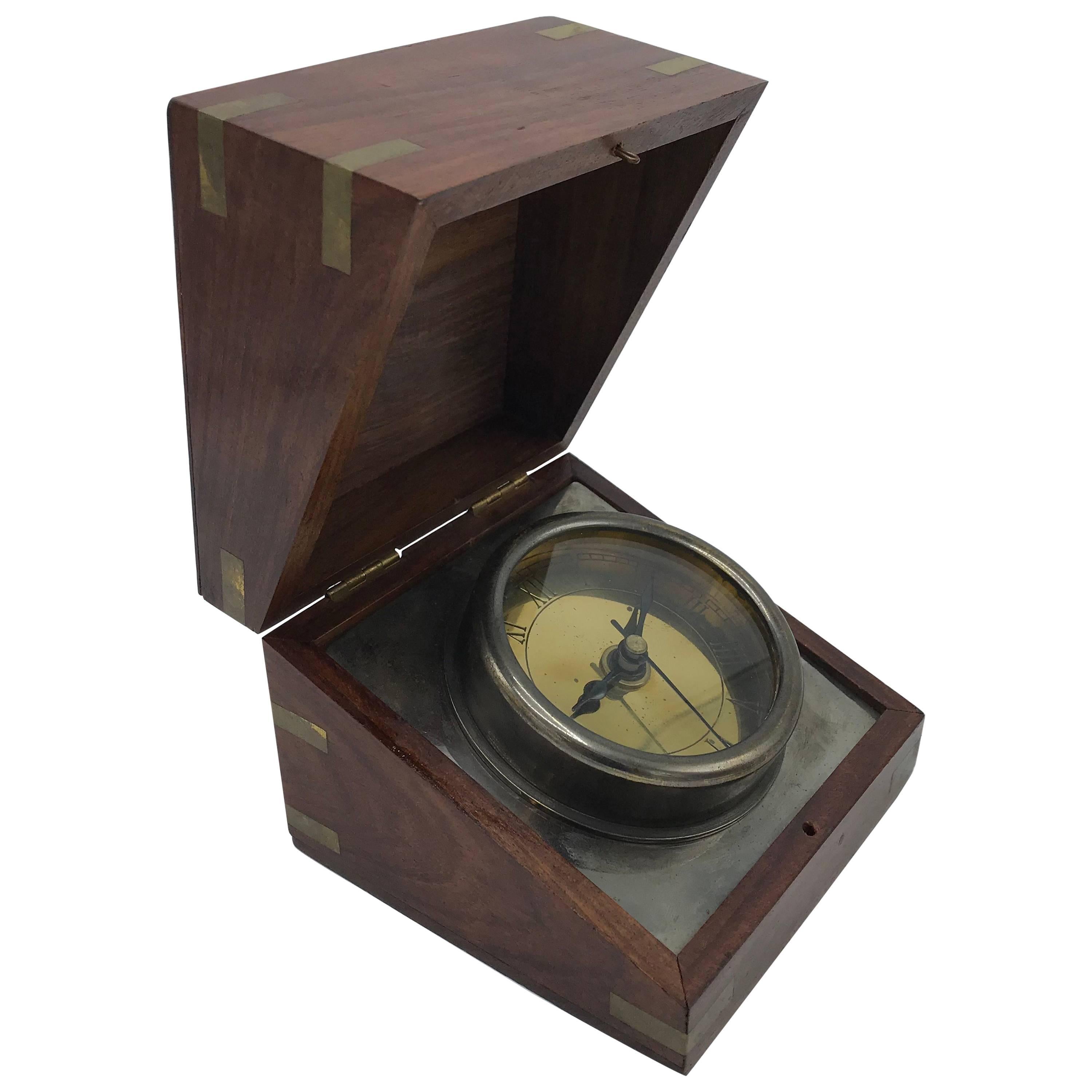1960s Walnut and Brass Inlay Box Desk Clock For Sale