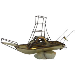 1970s C. Jere Style Copper and Brass Nautical Boat Sculpture on Stone Base