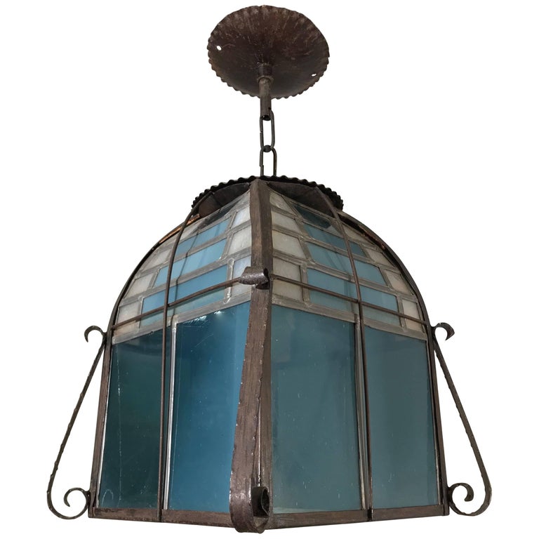 Blue Glass Pendant Light rare all handcrafted stain leaded arts crafts great blue glass pendant light for sale