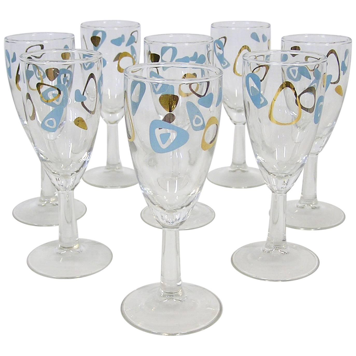 1950s Atomic Amoeba Boomerang Fluted Wine Glasses, Set of Eight