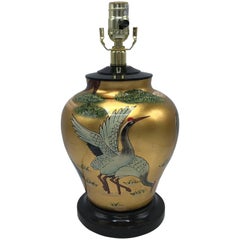 1960s Chinoiserie Black and Gold Lacquer Lamp with Crane Motif