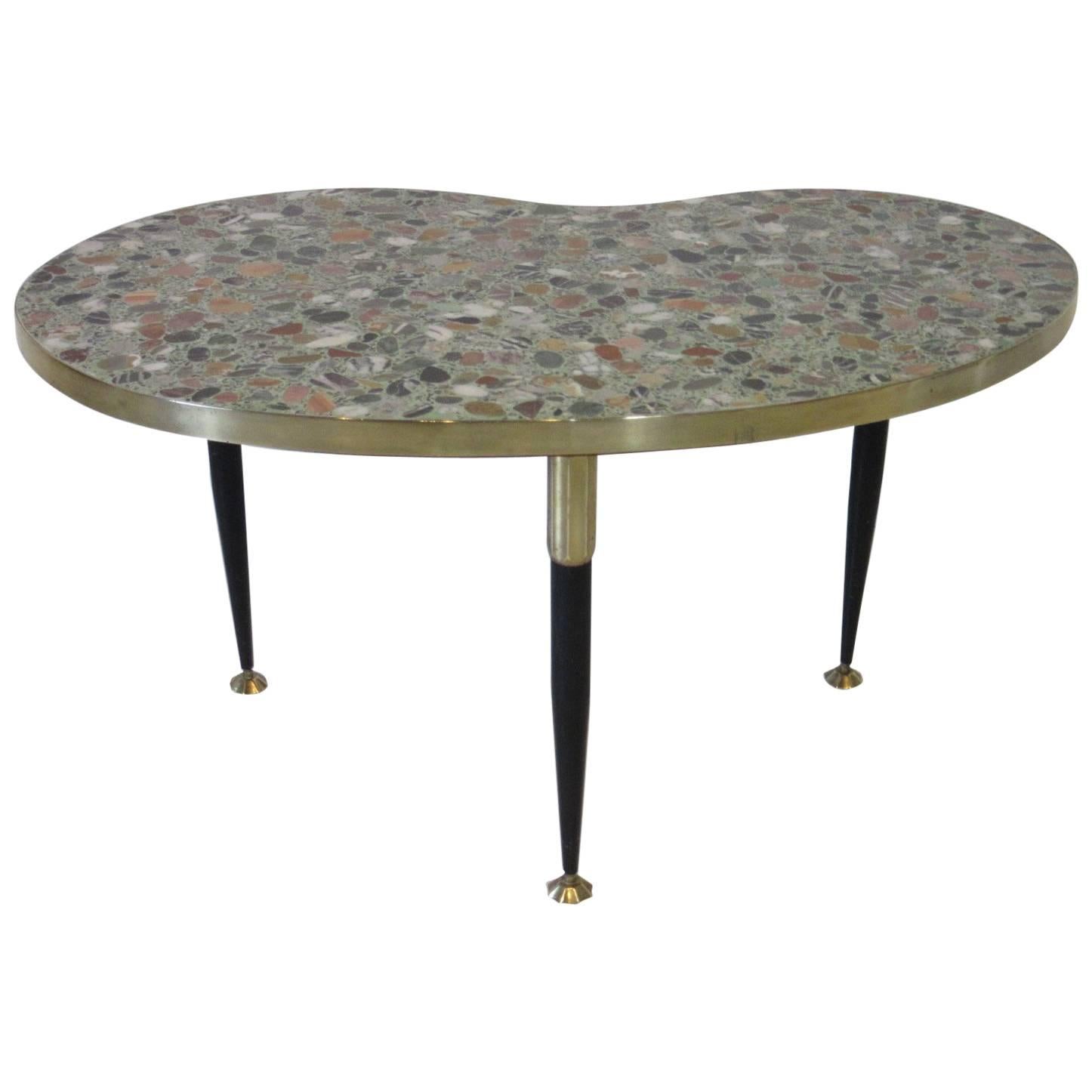 Italian Tile Marble Topped Brass Side Table 