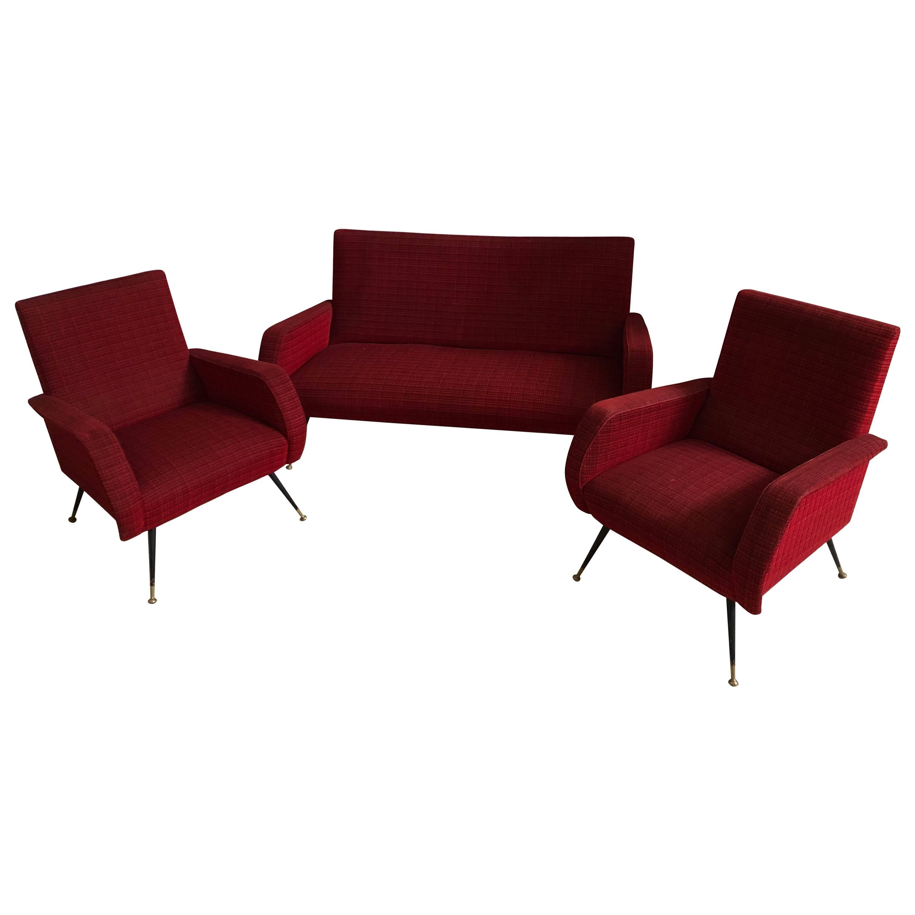 Mid-Century Modern Red fabric Sofa and Armchairs, Italy, circa 1950