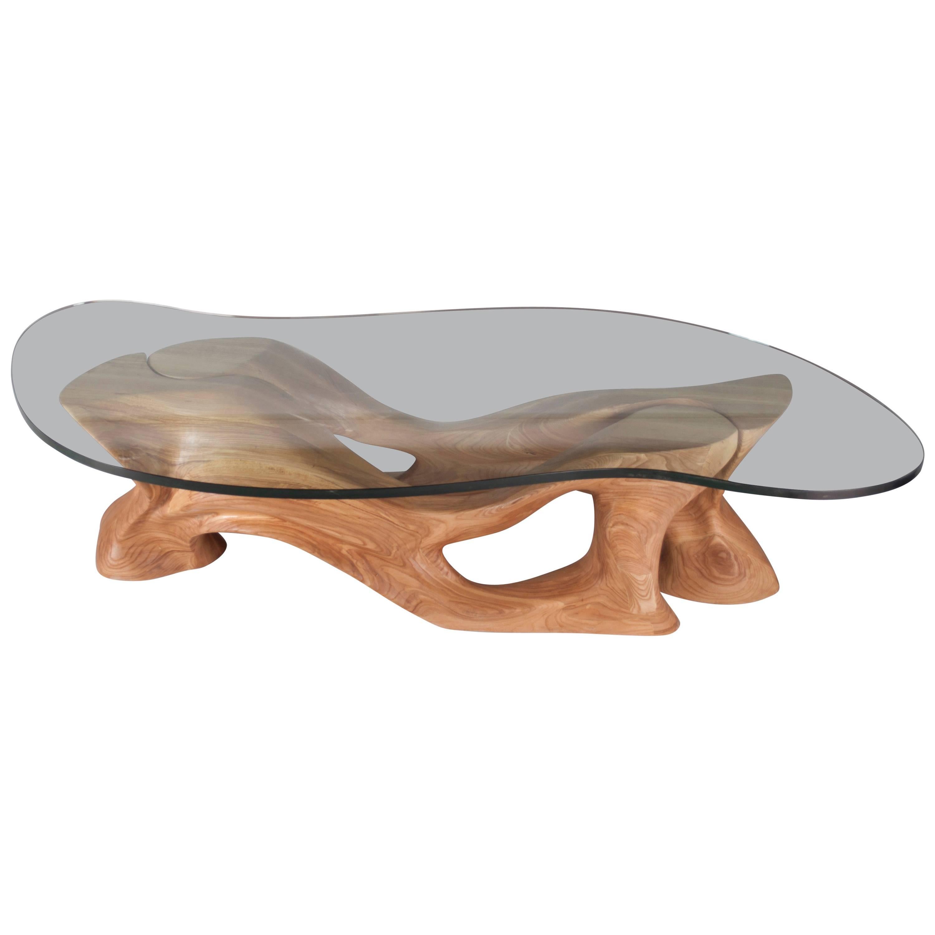 Amorph Crux Coffee Table Honey stain on Ash wood with Organic Shaped Glass For Sale