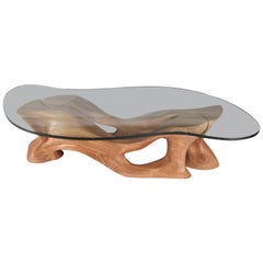 Amorph Crux Coffee Table, Solid Wood, Organic Shaped Glass