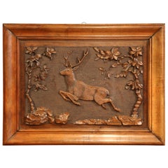 Late 19th Century Swiss Black Forest Carved Walnut Panel with Deer and Trees