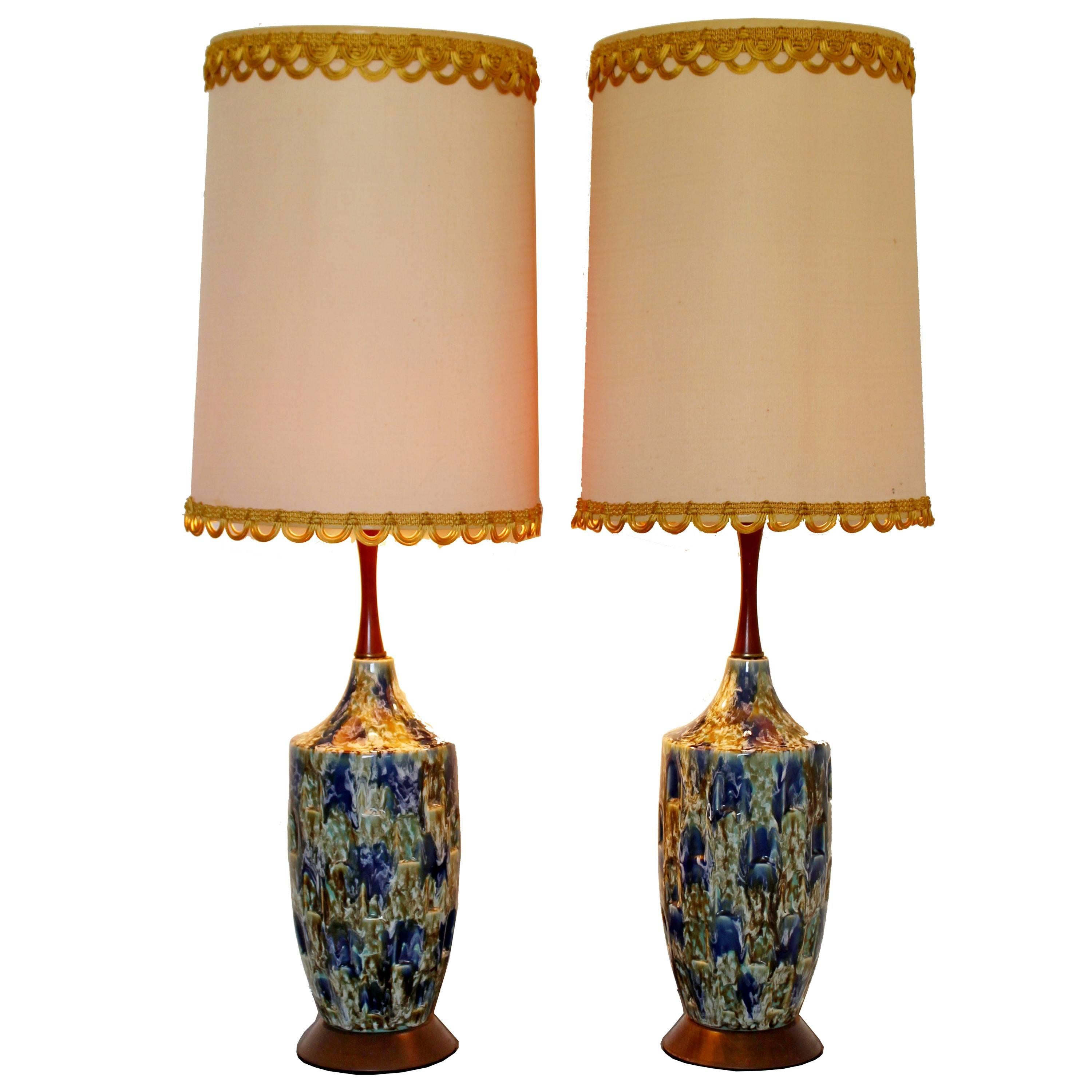 Mid-Century Modern Blue Drip Lava Glaze Ceramic Table Lamps 1960s Finials, Pair