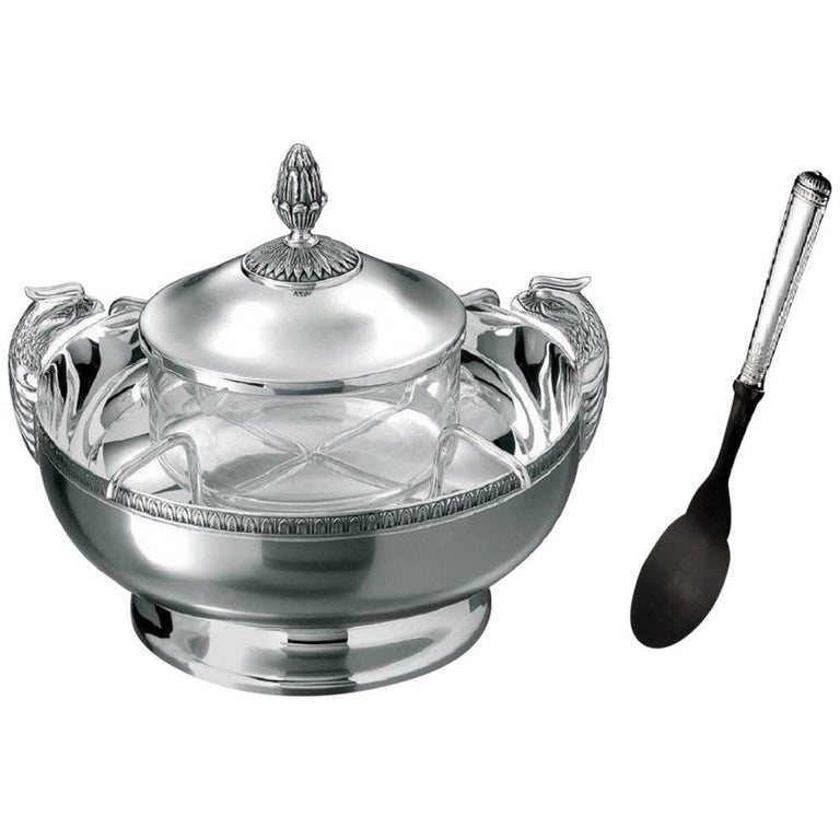 Antique French Silver Engraved Crystal Caviar Bell or Butter Serving Dish For Sale at 1stdibs