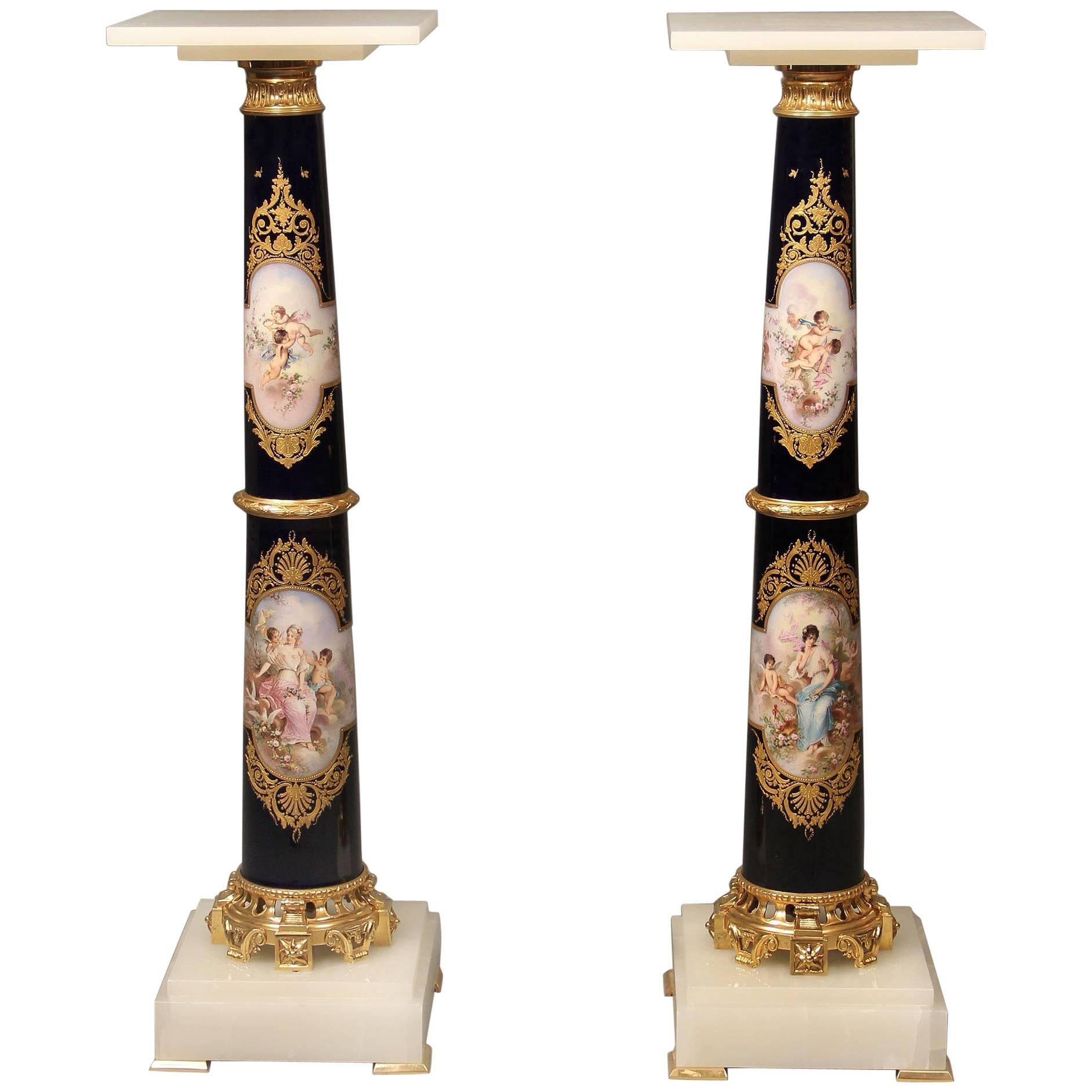 Exceptional Pair of Late 19th Century Gilt Bronze Mounted Sèvres Pedestals