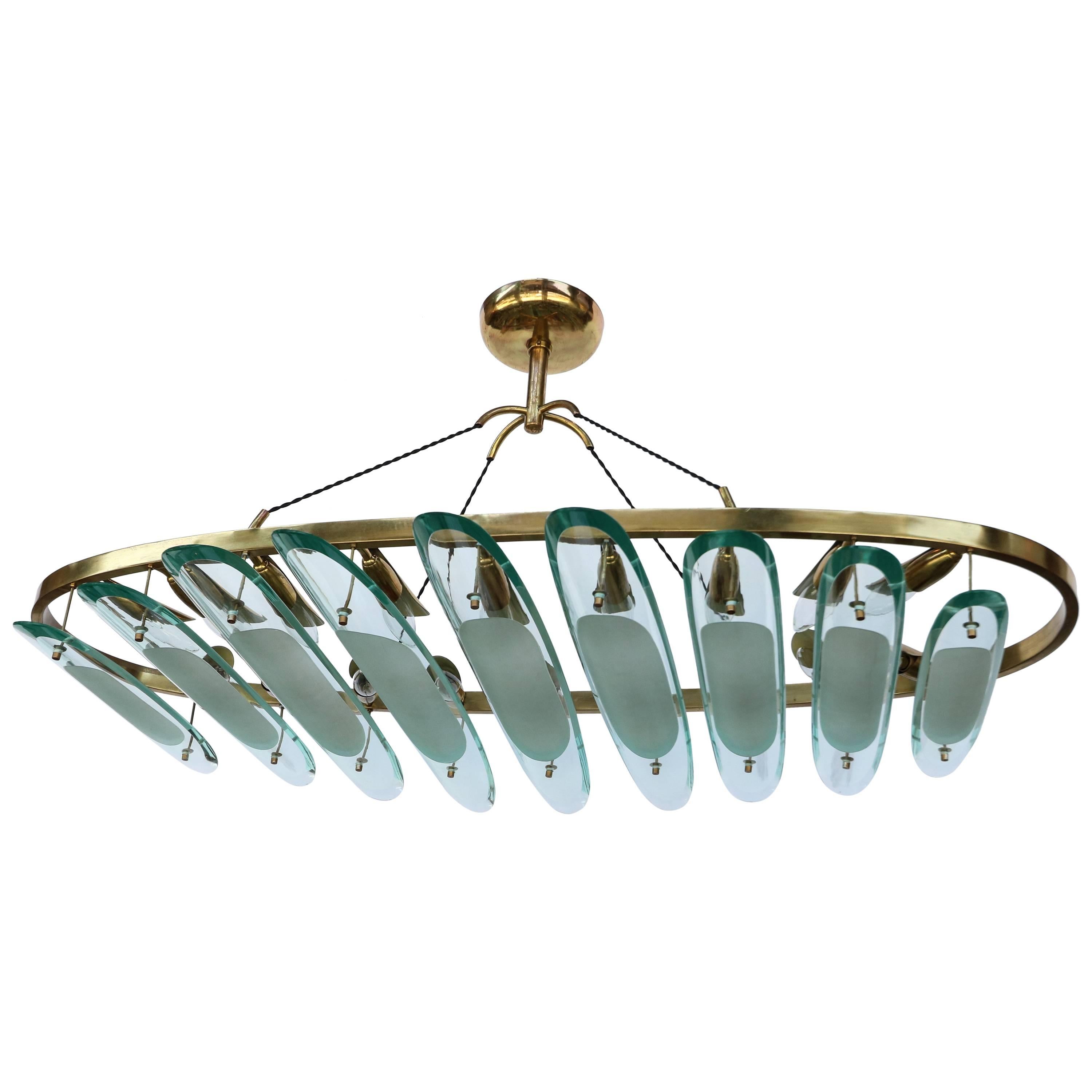 Oval Brass Fontana Arte for Dominici Chandelier with Long Glass Pieces