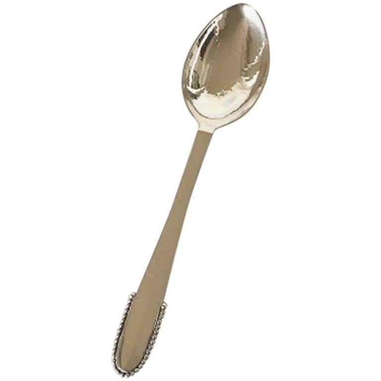 Georg Jensen Sterling Silver Beaded Dessert Spoon No 021 For Sale