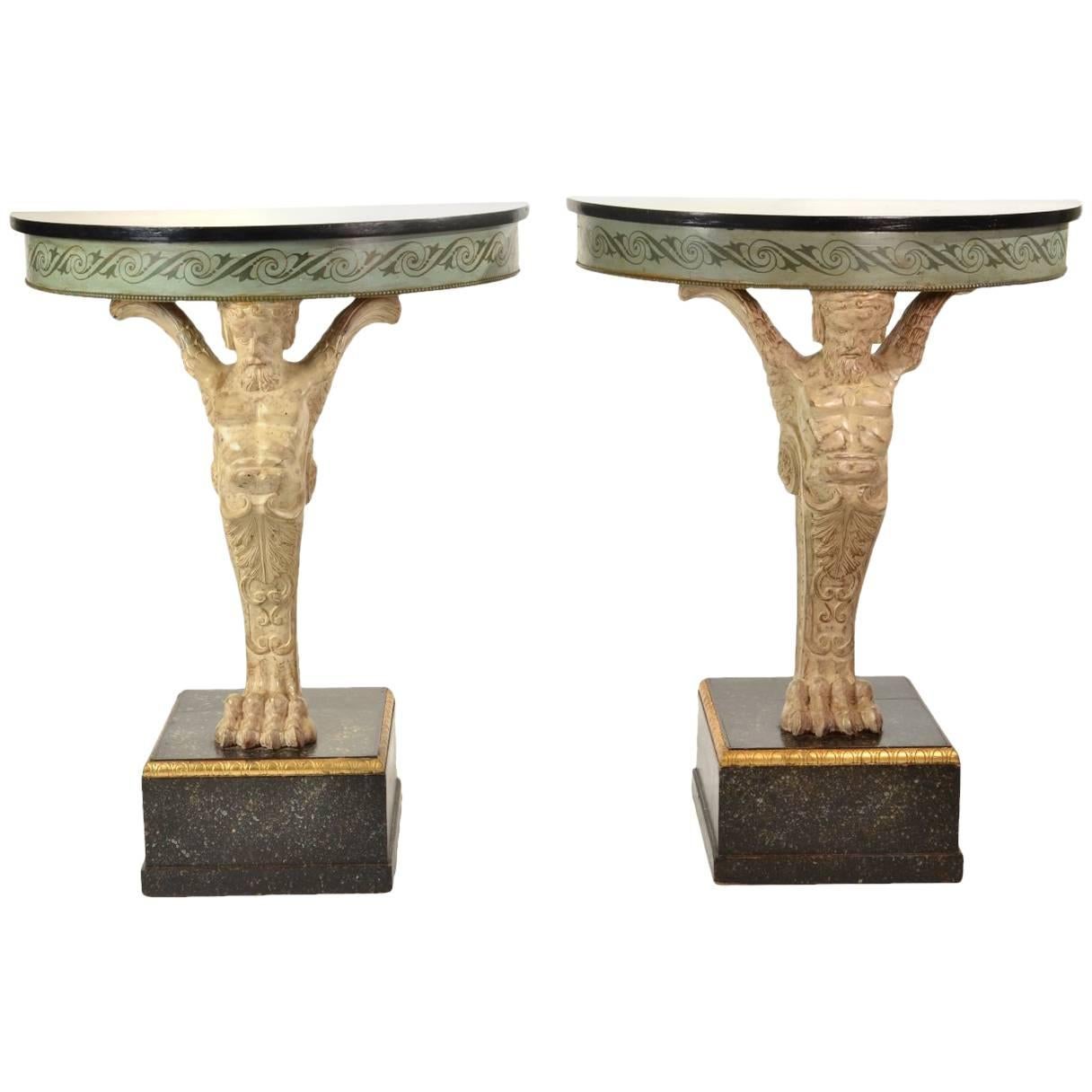 Pair of Carved and Painted Demilune Console Tables, circa 1950-1960 For Sale