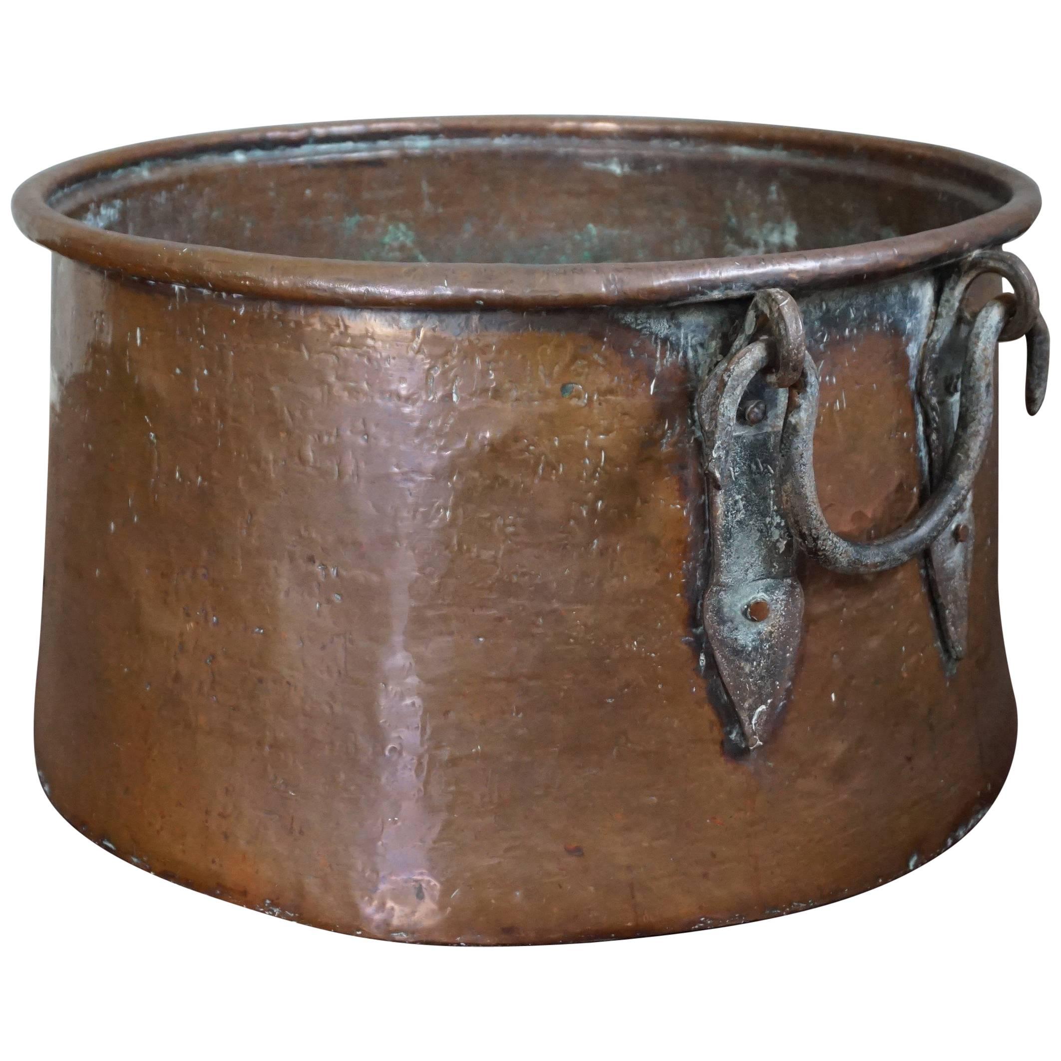 Antique, Large & Decorative Hand Hammered Copper & Wrought Iron Firewood Bucket