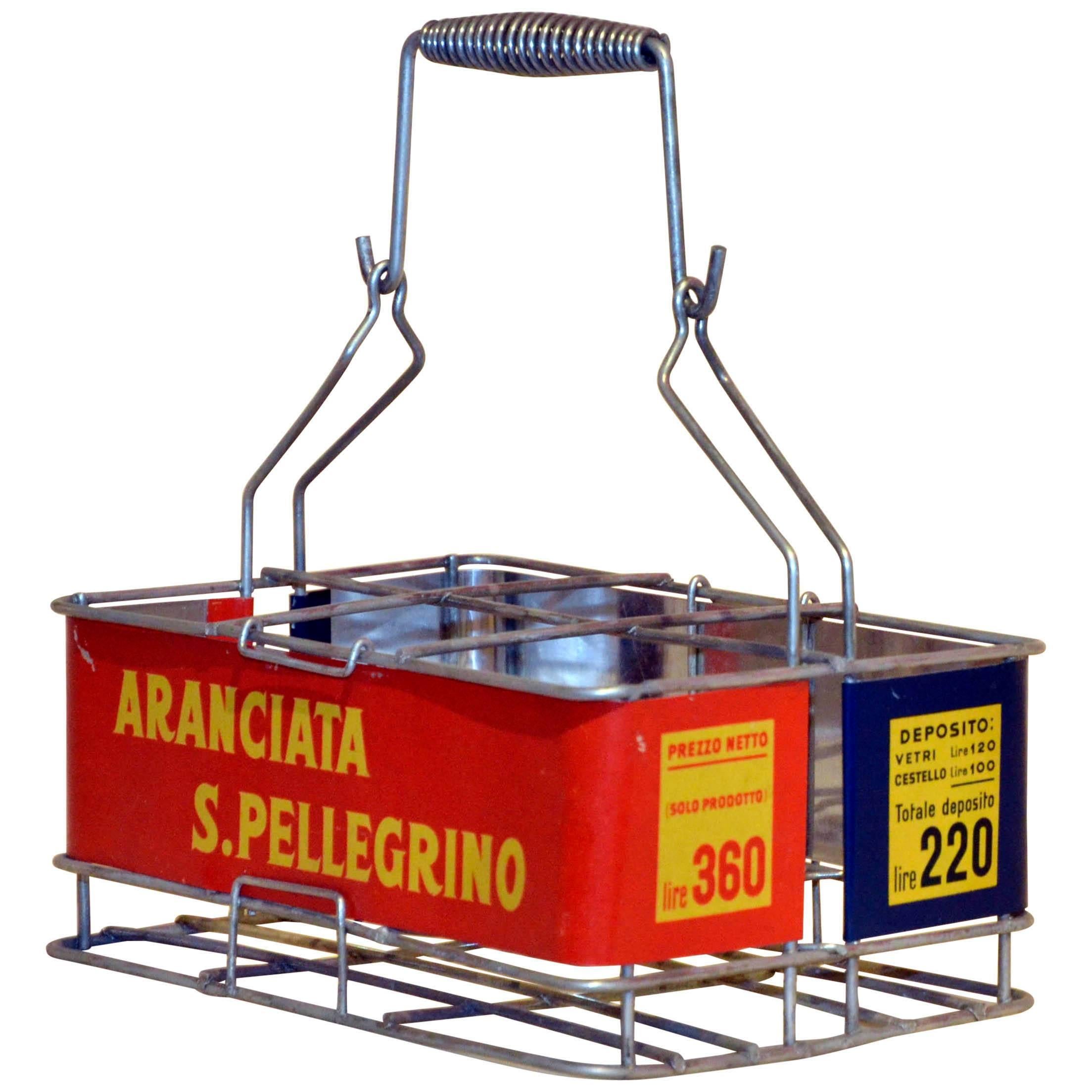 1960s Italian Vintage Metal Aranciata San Pellegrino Soda Bottle Basket For Sale