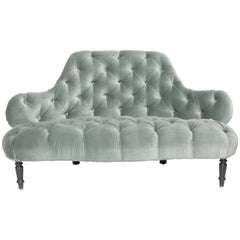 French Petite Tufted Settee Newly Upholstered in Beautiful Blue Grey Velvet