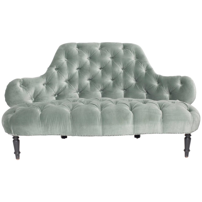 French Petite Tufted Settee Newly Upholstered in Beautiful Blue Grey