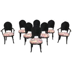 Beautiful Set of Eight Italian Ebonized Venetian Grotto Shell Back Dining Chairs