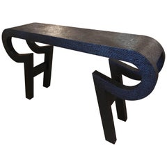Vintage Grasscloth Lacquered Black Console Table by Alessandro for Baker